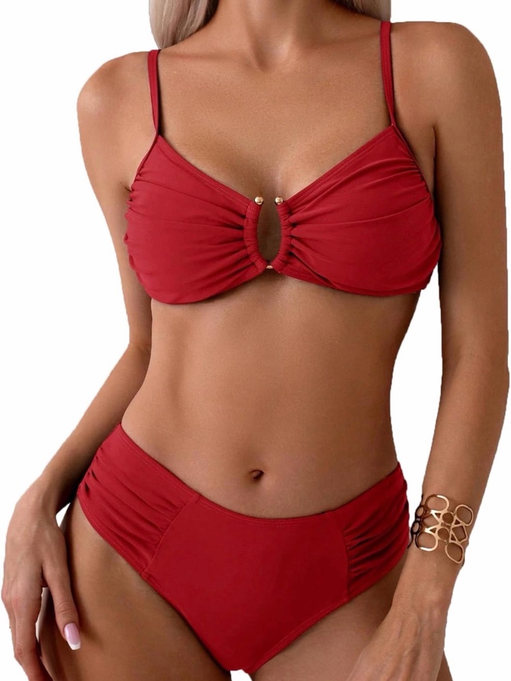 Source Unknown Red Ruched Bikini Set with Keyhole Detail